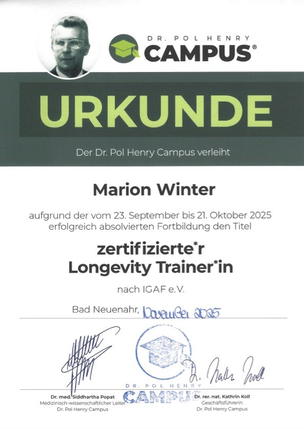 Zertifikat Longeviti Trainer Nürnberg Marion Winter